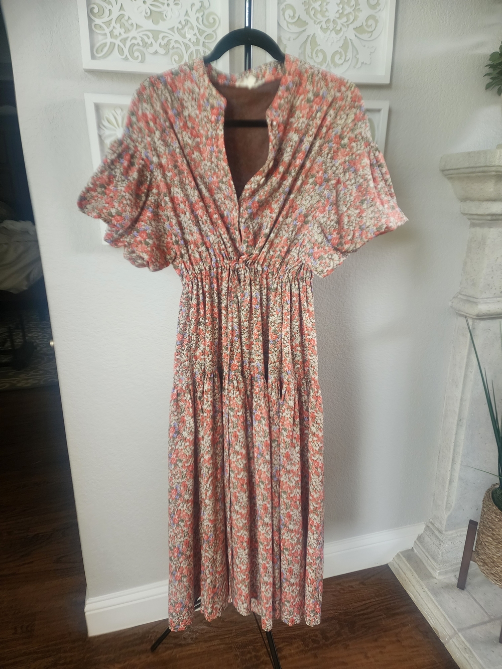 Listicle Coral Floral Maxi Dress with Cream & Green Accents